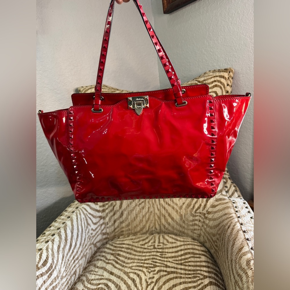Valentino Garavani Rockstud Medium Tote — Red Patent Leather